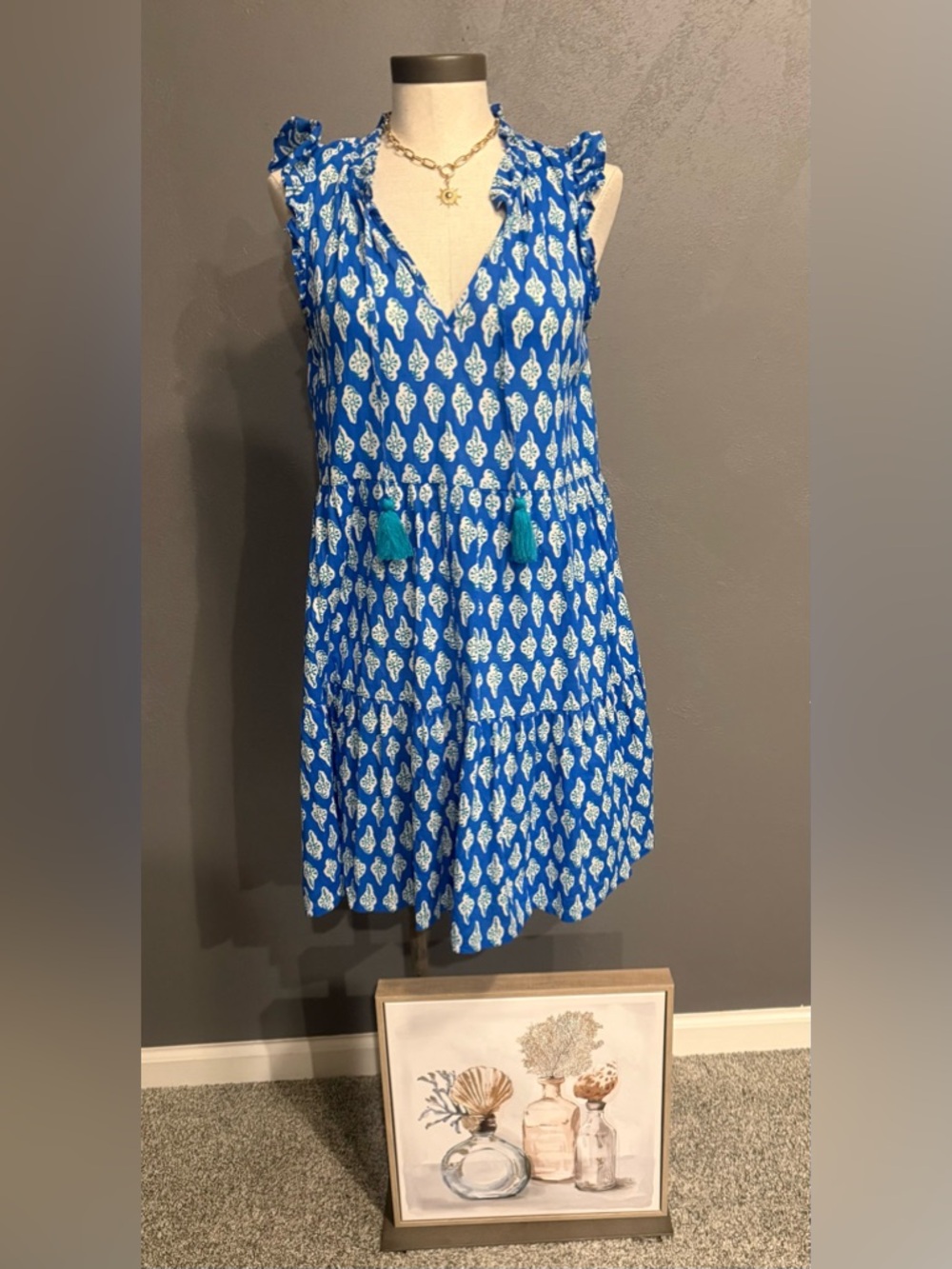 J. Crew Blue and White Printed Sleeveless Tassel Dress